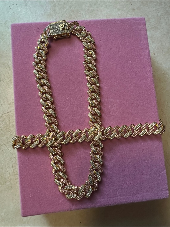 Jewelry - Goldtone and Pink Cuban Link Chain Necklace & bracelet set with  Pavé Crystals .